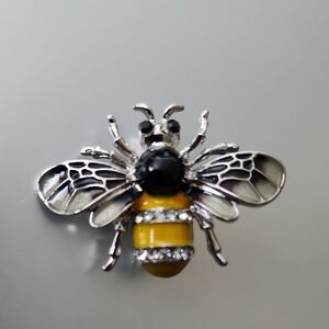 Silver and Yellow Bee Brooch Simulated Diamonds
